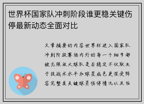 世界杯国家队冲刺阶段谁更稳关键伤停最新动态全面对比 世界杯国家队冲刺阶段谁更稳关键伤停最新动态全面对比