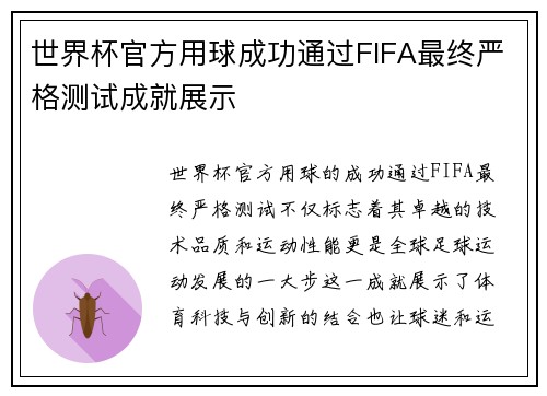 世界杯官方用球成功通过FIFA最终严格测试成就展示 世界杯官方用球成功通过FIFA最终严格测试成就展示